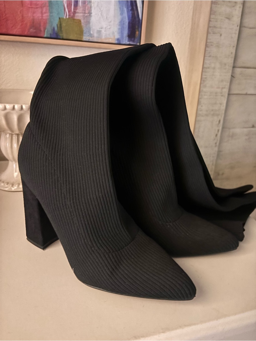 Forever 21 Black Ribbed Pointed-Toe Block Heel Ankle Boots